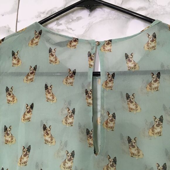 ZARA FRENCH BULLDOG PRINT NOVELTY SHEER CHIFFON STUDDED SHOULDER MINT BLOUSE S - Picture 9 of 12